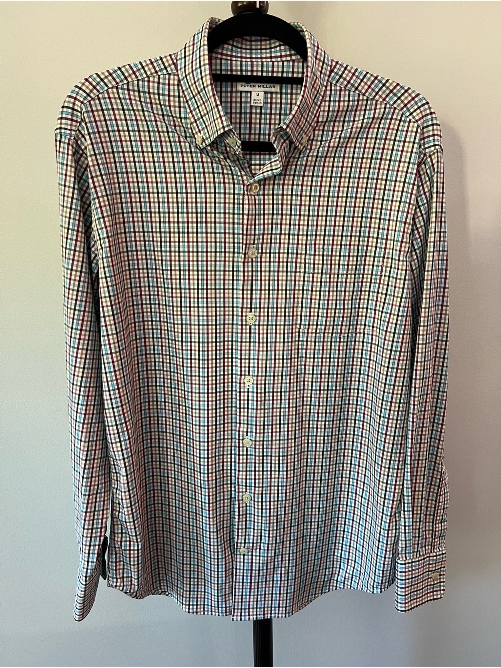 Peter Millar Men's White Multi-Check Button-Down Shirt with Blue and Red
